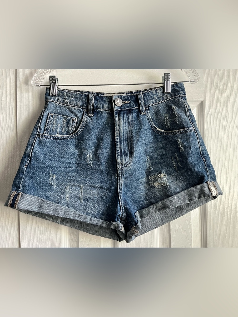 One By One Teaspoon Blue High Waist Bandits Cuff Hem Shorts Size 26 Distressed